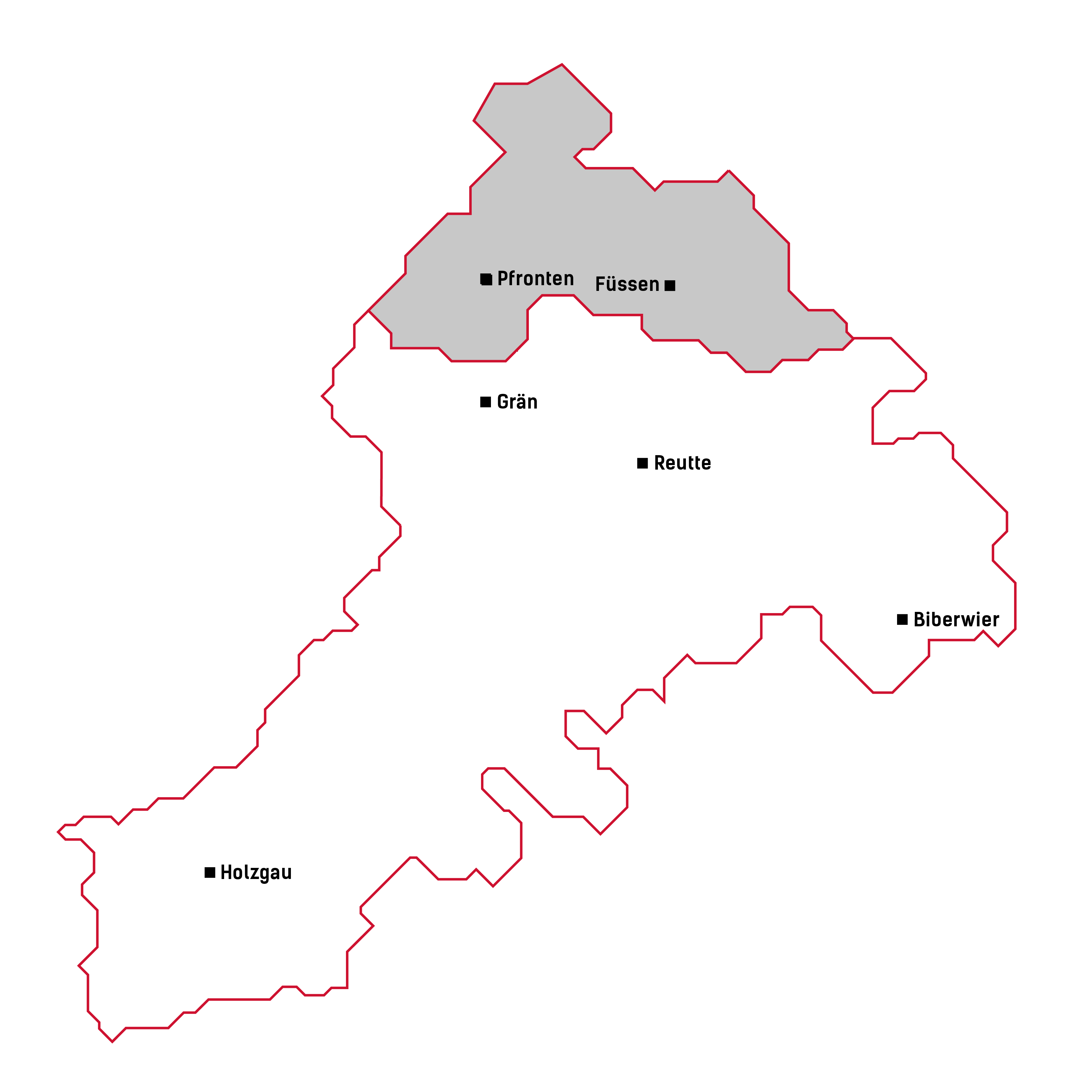 Landkarte der Standorte der EWR Technik in Reutte, Biberwier, Grän, Holzgau, Füssen und Pfronten